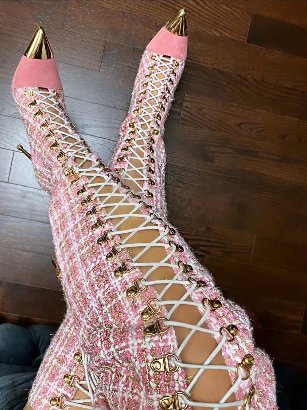 Jennifer Le Pink Tweed Lace-Up thigh high Boots with Gold Cap Toe